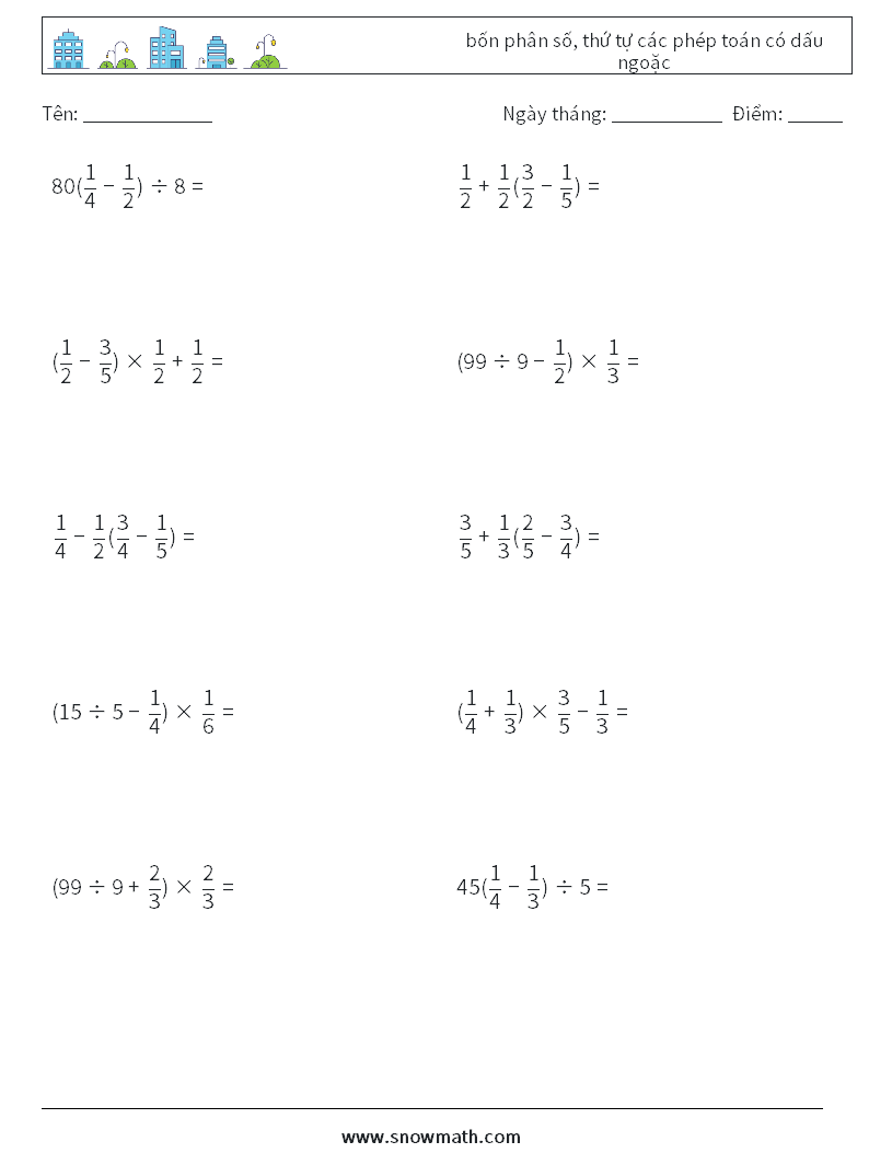 (10) bốn phân số, thứ tự các phép toán có dấu ngoặc Bảng tính toán học 16