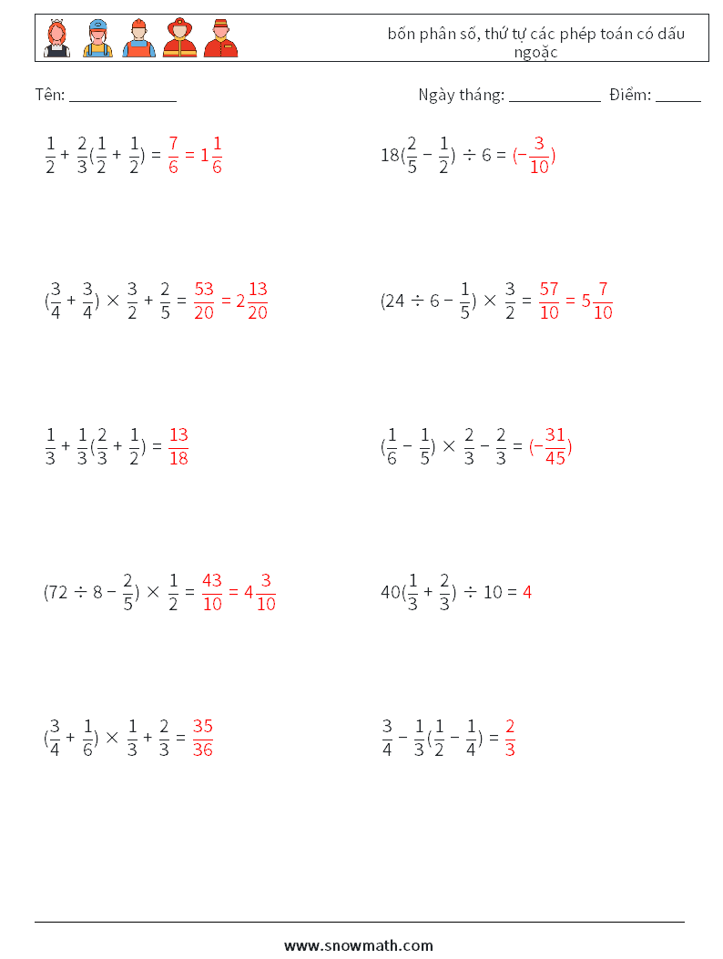 (10) bốn phân số, thứ tự các phép toán có dấu ngoặc Bảng tính toán học 17 Câu hỏi, câu trả lời