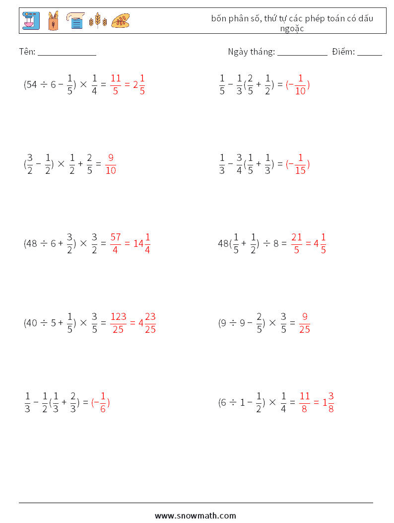 (10) bốn phân số, thứ tự các phép toán có dấu ngoặc Bảng tính toán học 1 Câu hỏi, câu trả lời