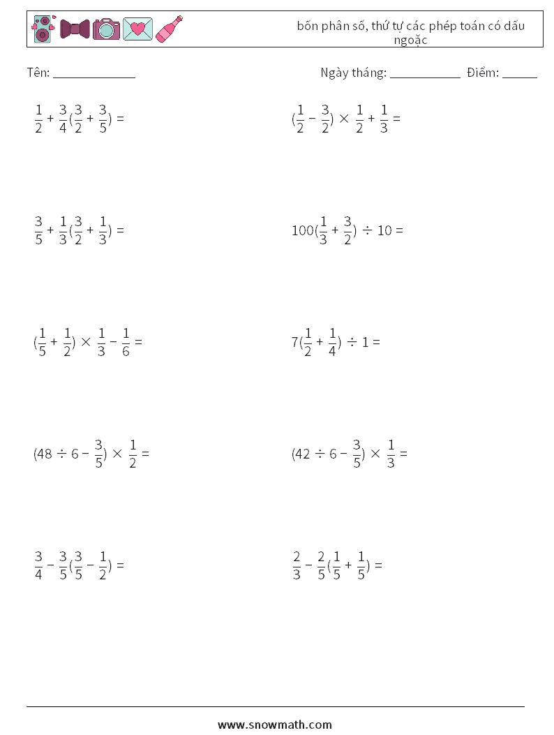 (10) bốn phân số, thứ tự các phép toán có dấu ngoặc Bảng tính toán học 2