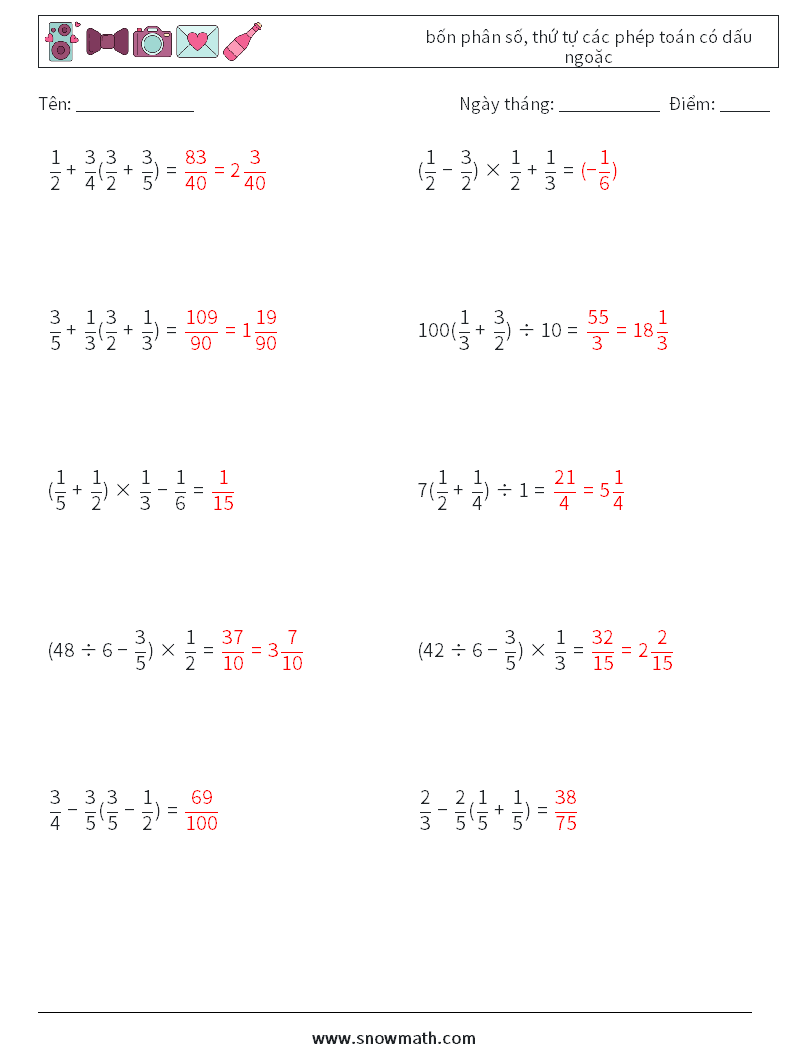 (10) bốn phân số, thứ tự các phép toán có dấu ngoặc Bảng tính toán học 2 Câu hỏi, câu trả lời