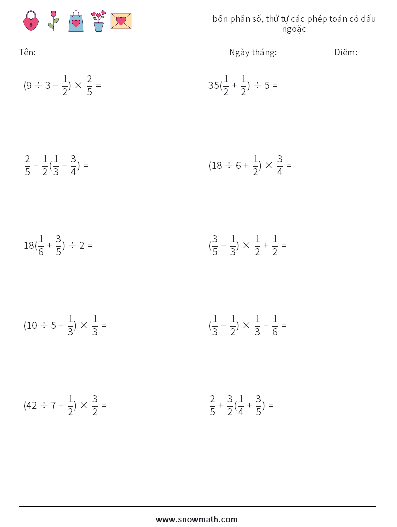(10) bốn phân số, thứ tự các phép toán có dấu ngoặc Bảng tính toán học 3