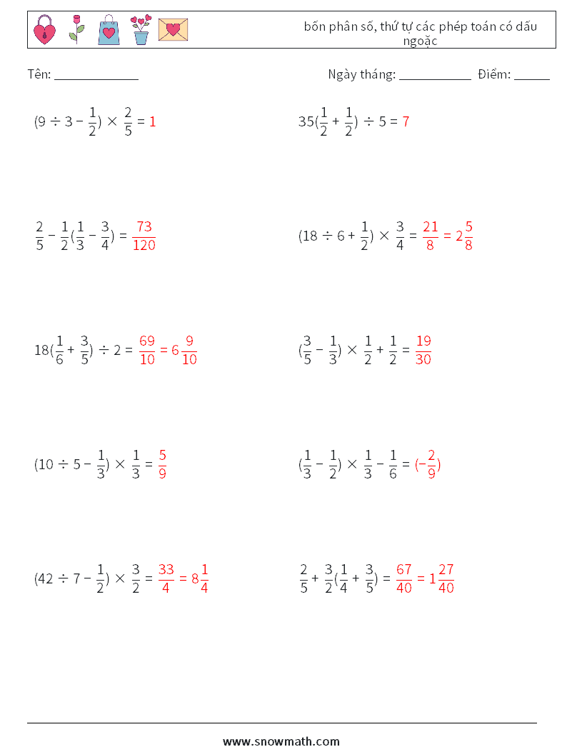 (10) bốn phân số, thứ tự các phép toán có dấu ngoặc Bảng tính toán học 3 Câu hỏi, câu trả lời