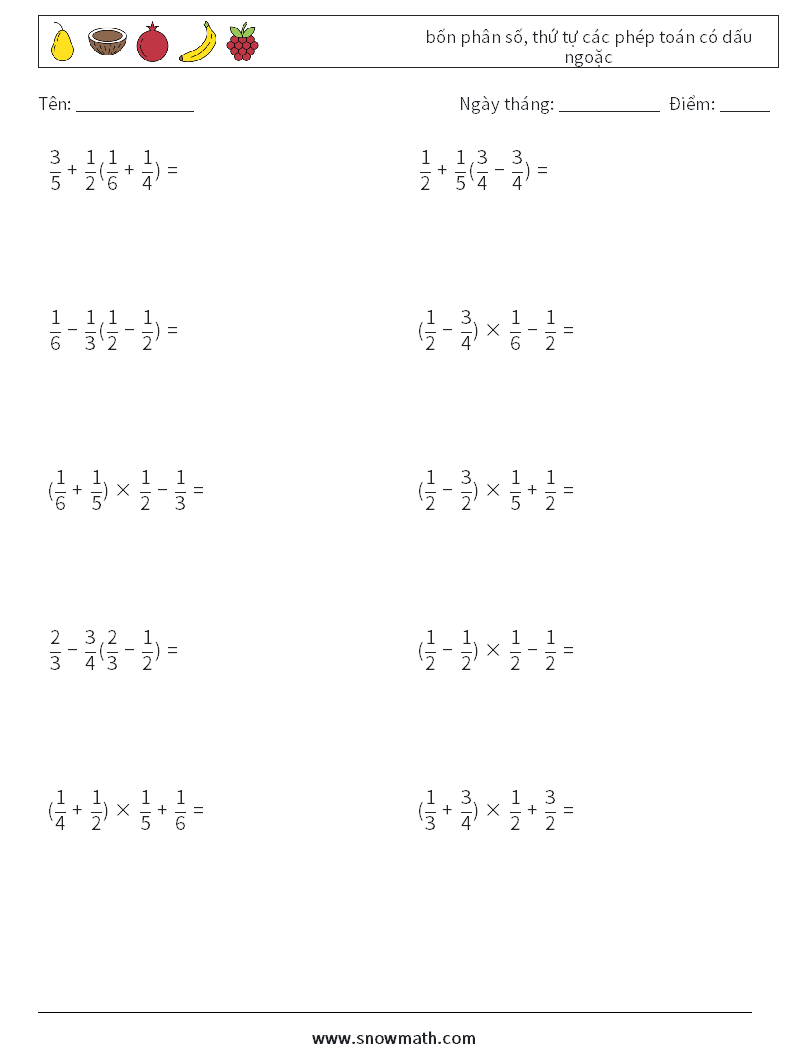 (10) bốn phân số, thứ tự các phép toán có dấu ngoặc Bảng tính toán học 4