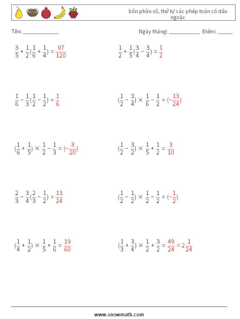 (10) bốn phân số, thứ tự các phép toán có dấu ngoặc Bảng tính toán học 4 Câu hỏi, câu trả lời