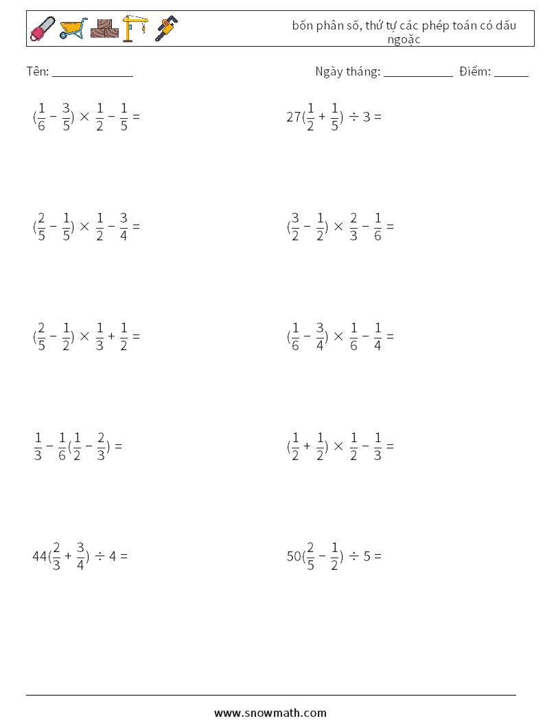 (10) bốn phân số, thứ tự các phép toán có dấu ngoặc Bảng tính toán học 5