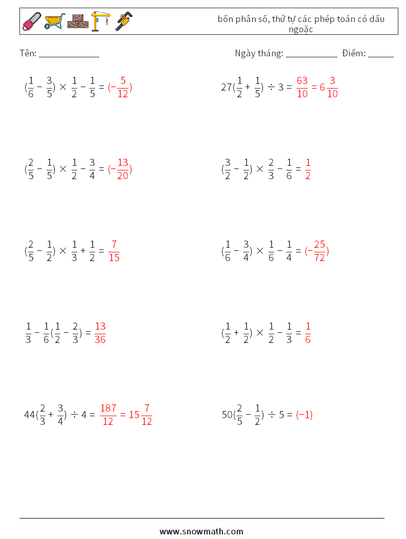 (10) bốn phân số, thứ tự các phép toán có dấu ngoặc Bảng tính toán học 5 Câu hỏi, câu trả lời