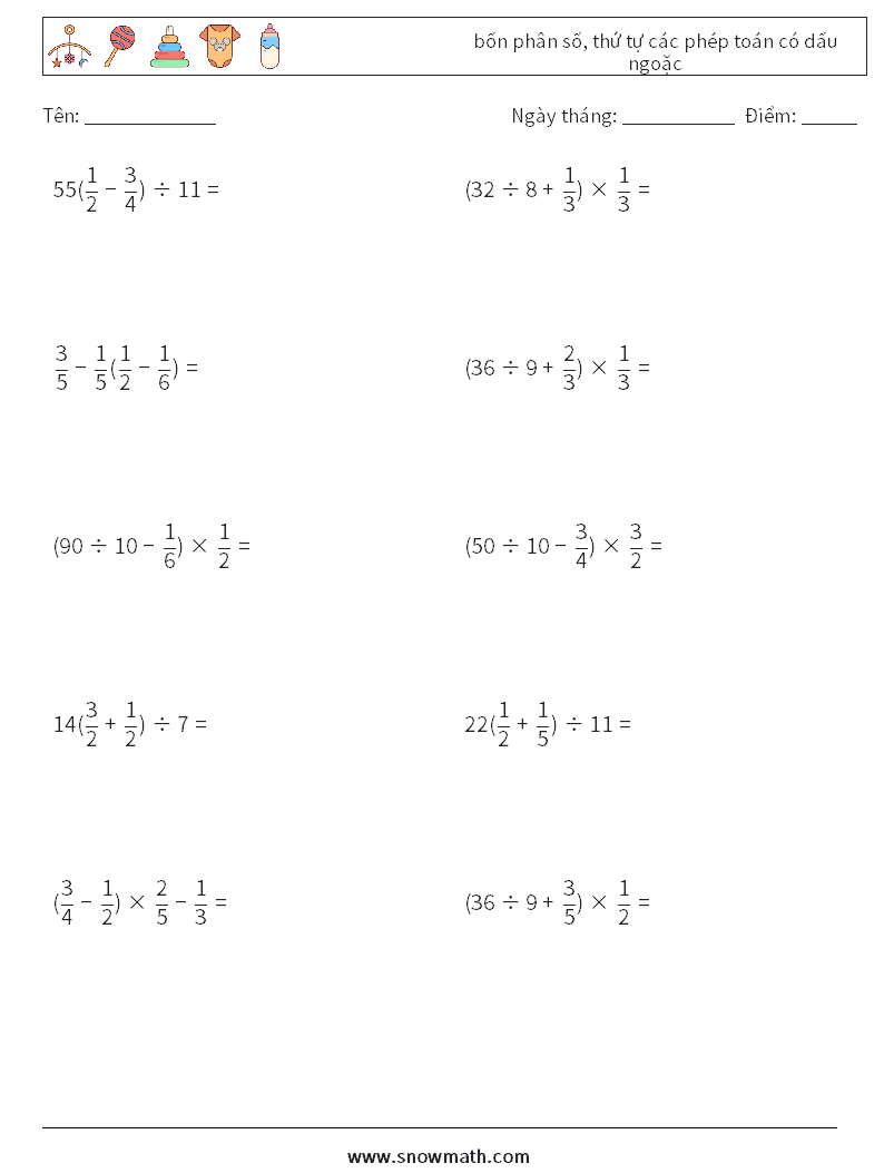 (10) bốn phân số, thứ tự các phép toán có dấu ngoặc Bảng tính toán học 6