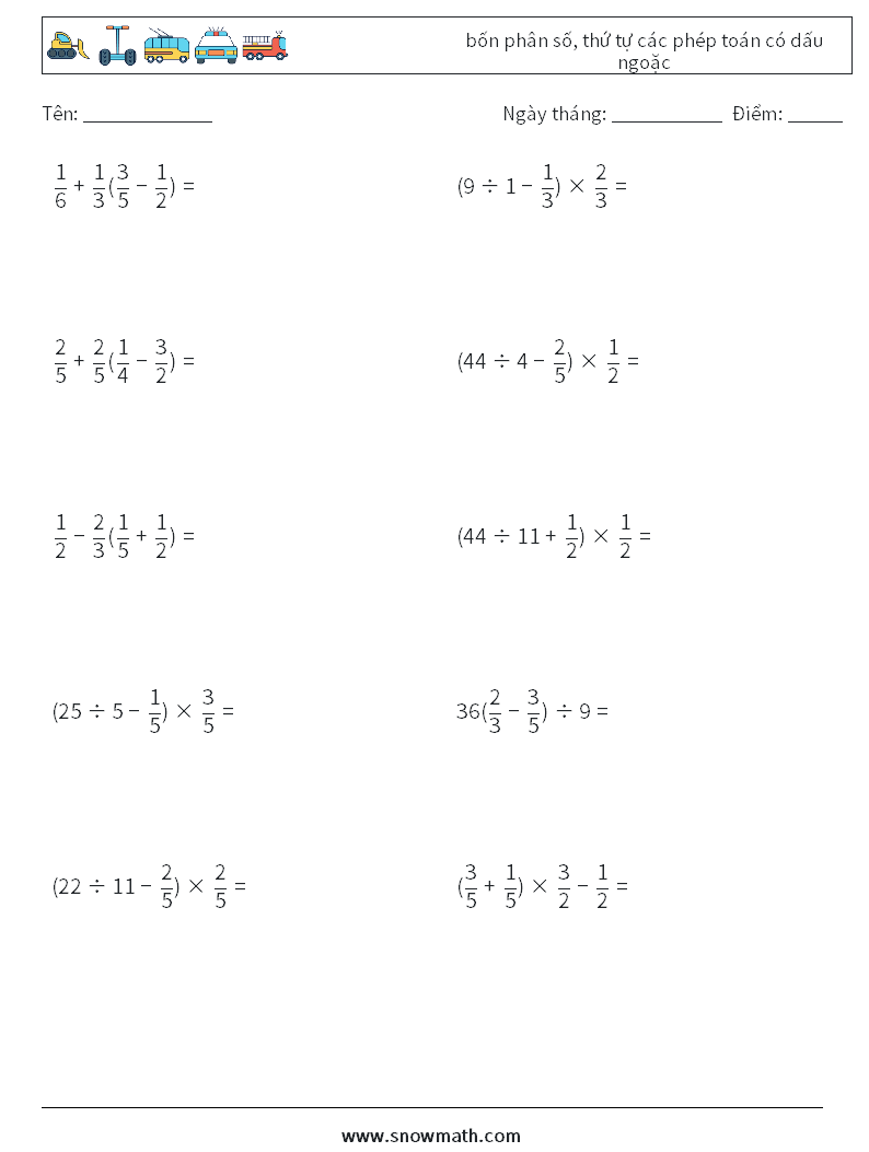 (10) bốn phân số, thứ tự các phép toán có dấu ngoặc Bảng tính toán học 7