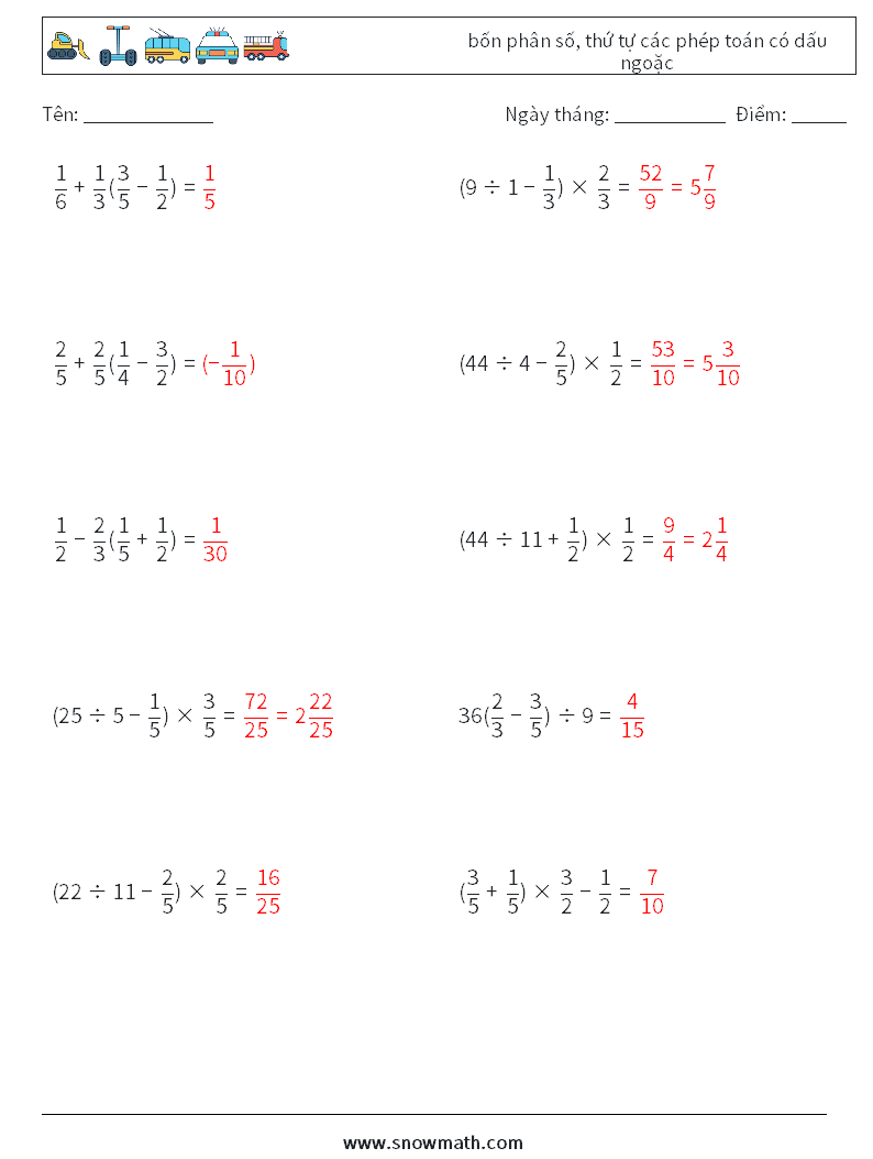 (10) bốn phân số, thứ tự các phép toán có dấu ngoặc Bảng tính toán học 7 Câu hỏi, câu trả lời