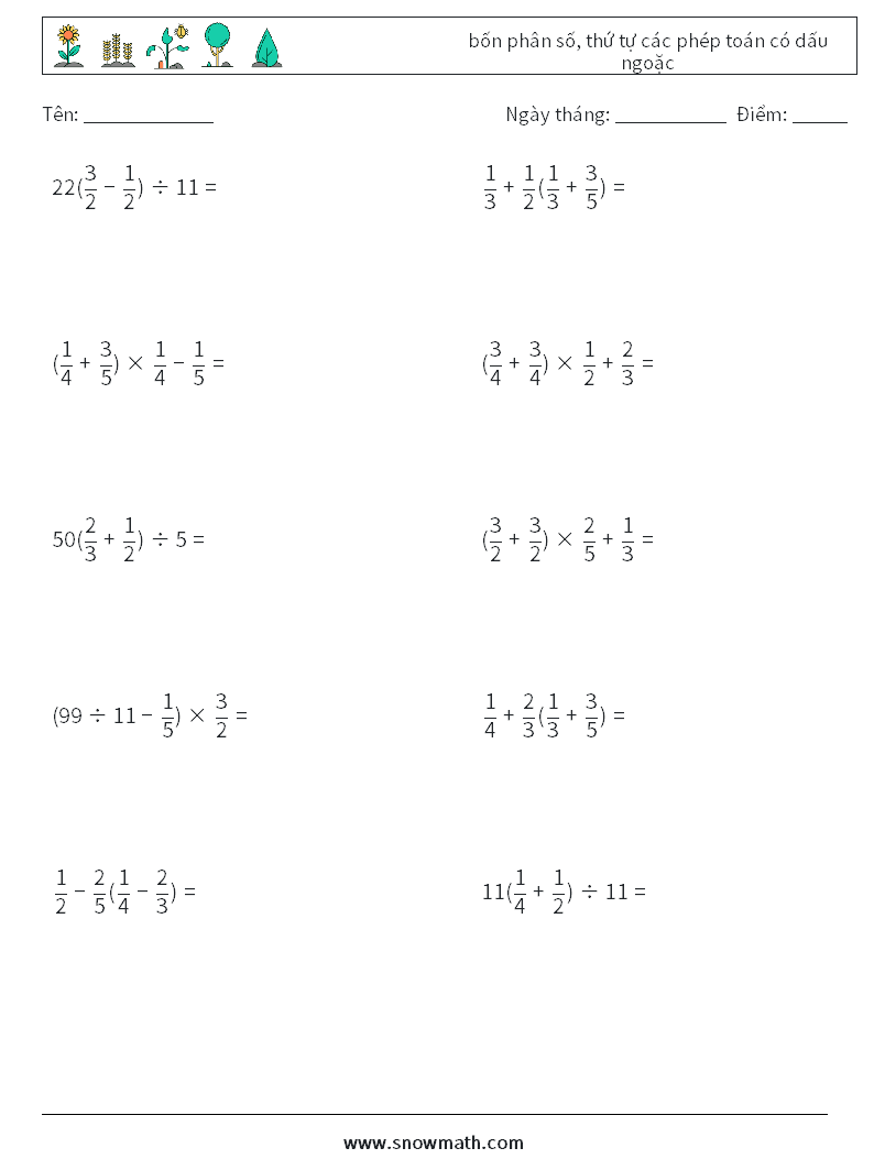 (10) bốn phân số, thứ tự các phép toán có dấu ngoặc Bảng tính toán học 8