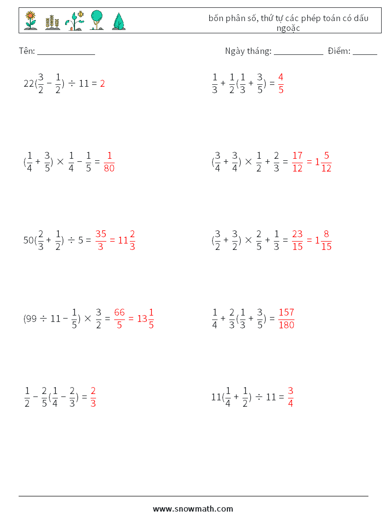 (10) bốn phân số, thứ tự các phép toán có dấu ngoặc Bảng tính toán học 8 Câu hỏi, câu trả lời