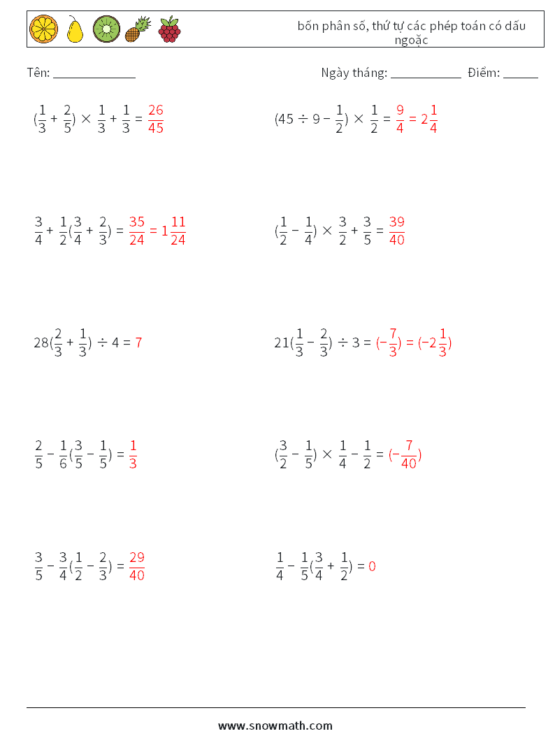 (10) bốn phân số, thứ tự các phép toán có dấu ngoặc Bảng tính toán học 9 Câu hỏi, câu trả lời