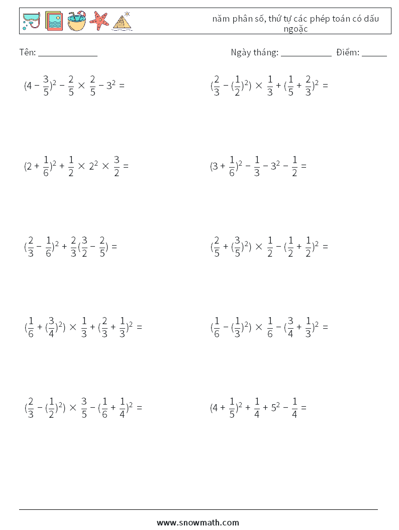 (10) năm phân số, thứ tự các phép toán có dấu ngoặc Bảng tính toán học 10