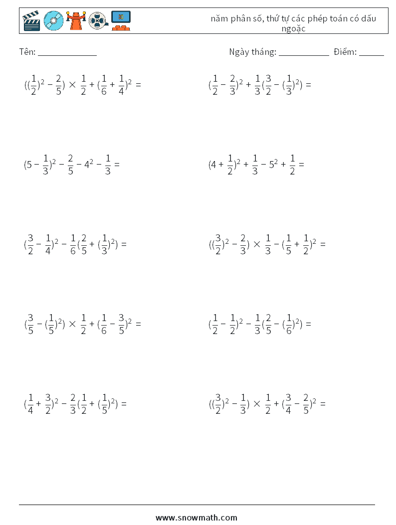 (10) năm phân số, thứ tự các phép toán có dấu ngoặc Bảng tính toán học 11