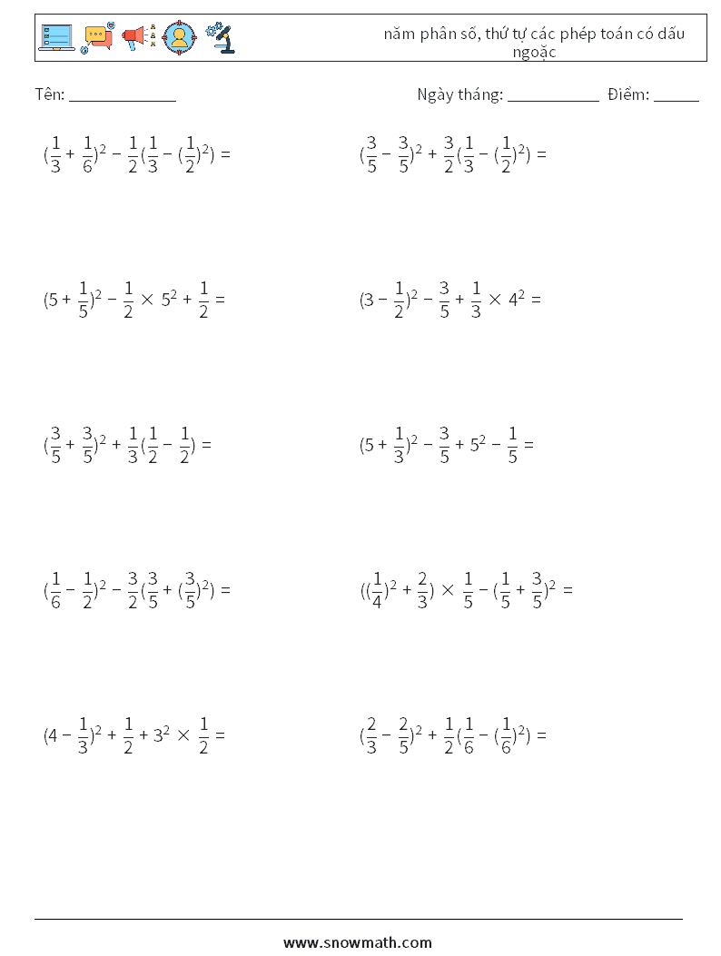 (10) năm phân số, thứ tự các phép toán có dấu ngoặc Bảng tính toán học 12
