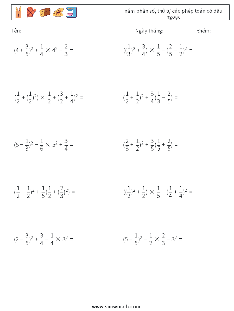 (10) năm phân số, thứ tự các phép toán có dấu ngoặc Bảng tính toán học 16