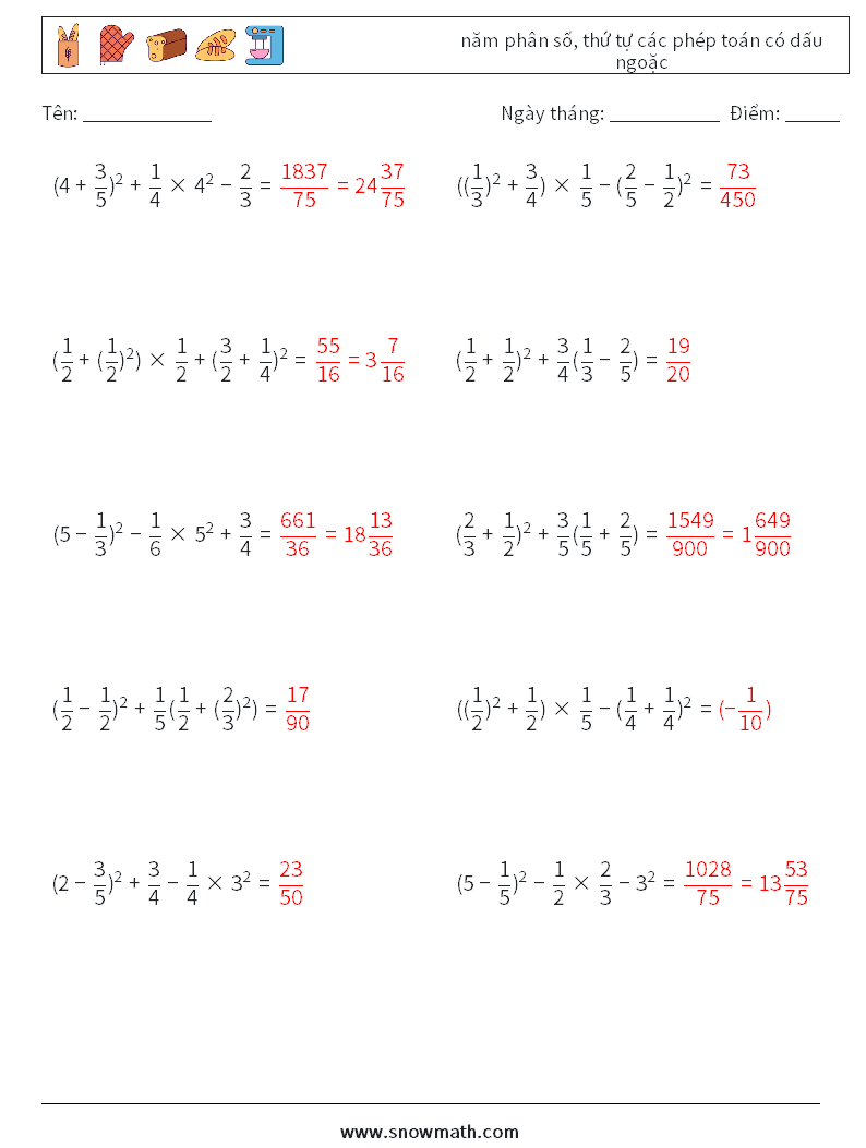 (10) năm phân số, thứ tự các phép toán có dấu ngoặc Bảng tính toán học 16 Câu hỏi, câu trả lời