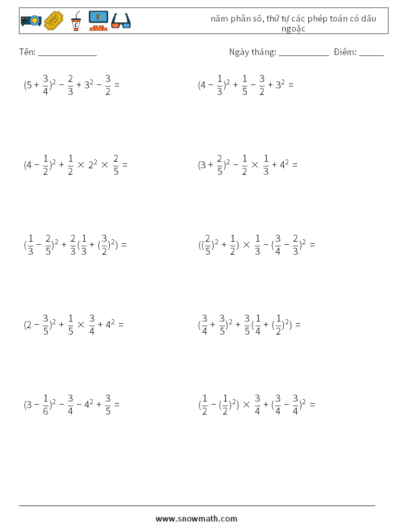 (10) năm phân số, thứ tự các phép toán có dấu ngoặc Bảng tính toán học 18