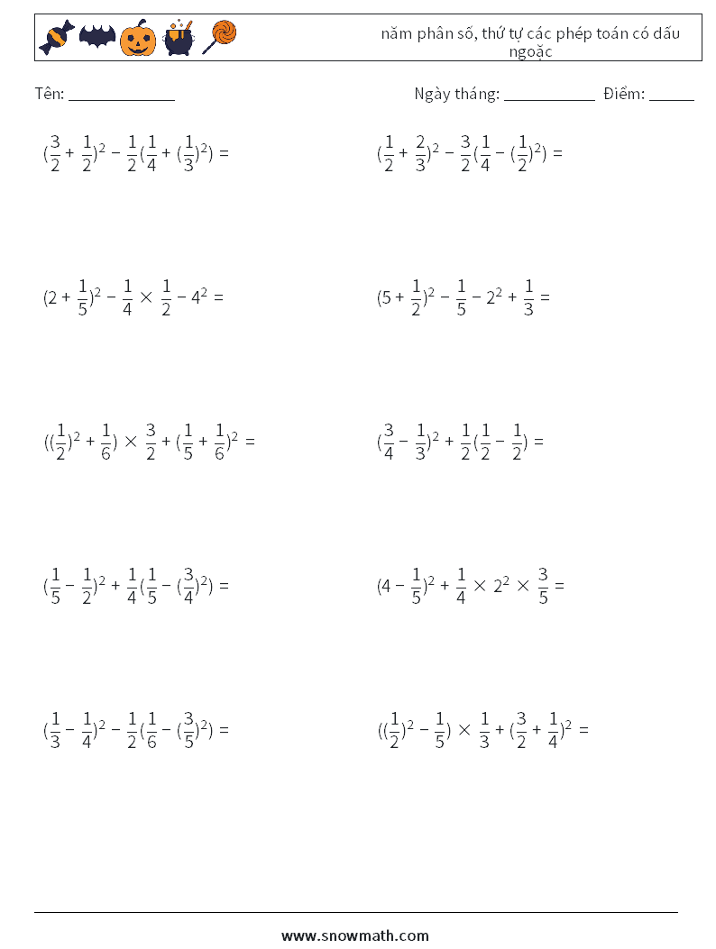(10) năm phân số, thứ tự các phép toán có dấu ngoặc Bảng tính toán học 2