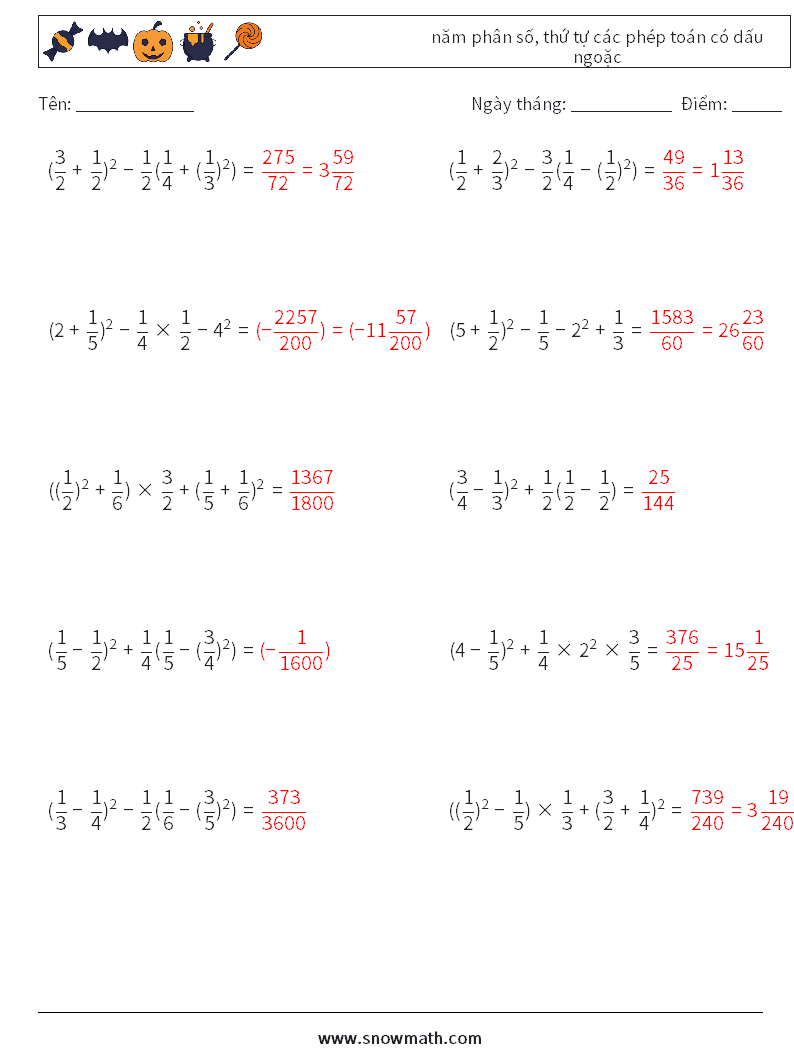 (10) năm phân số, thứ tự các phép toán có dấu ngoặc Bảng tính toán học 2 Câu hỏi, câu trả lời