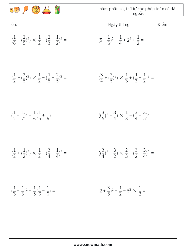 (10) năm phân số, thứ tự các phép toán có dấu ngoặc Bảng tính toán học 3