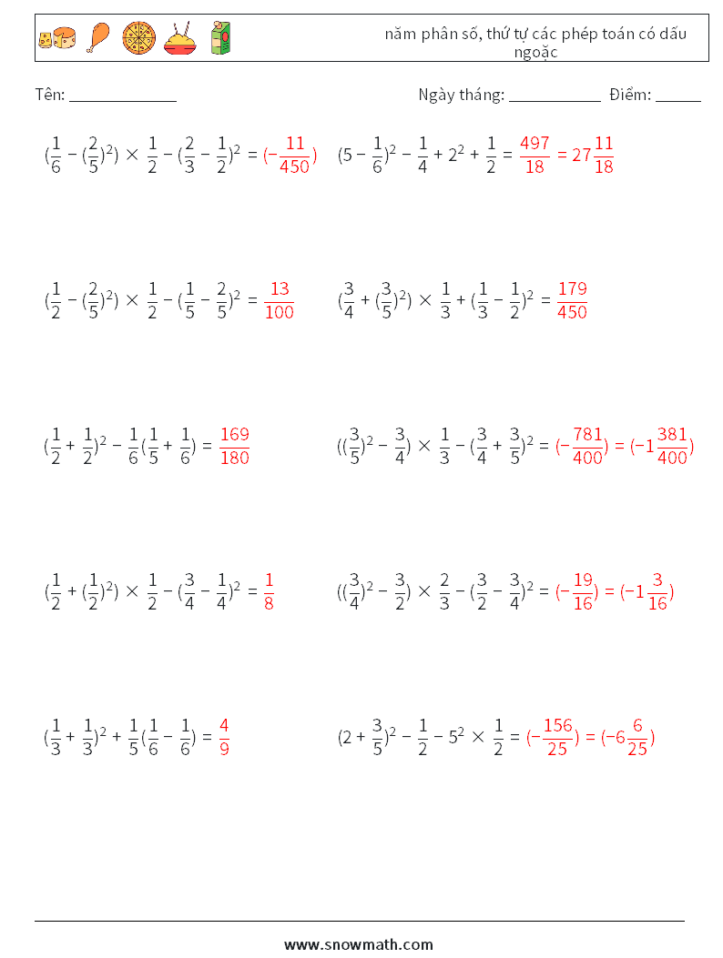 (10) năm phân số, thứ tự các phép toán có dấu ngoặc Bảng tính toán học 3 Câu hỏi, câu trả lời