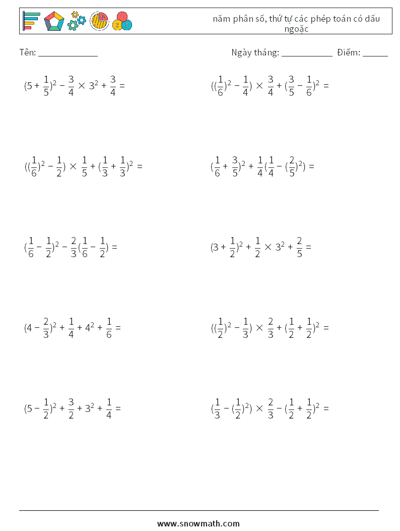 (10) năm phân số, thứ tự các phép toán có dấu ngoặc Bảng tính toán học 4