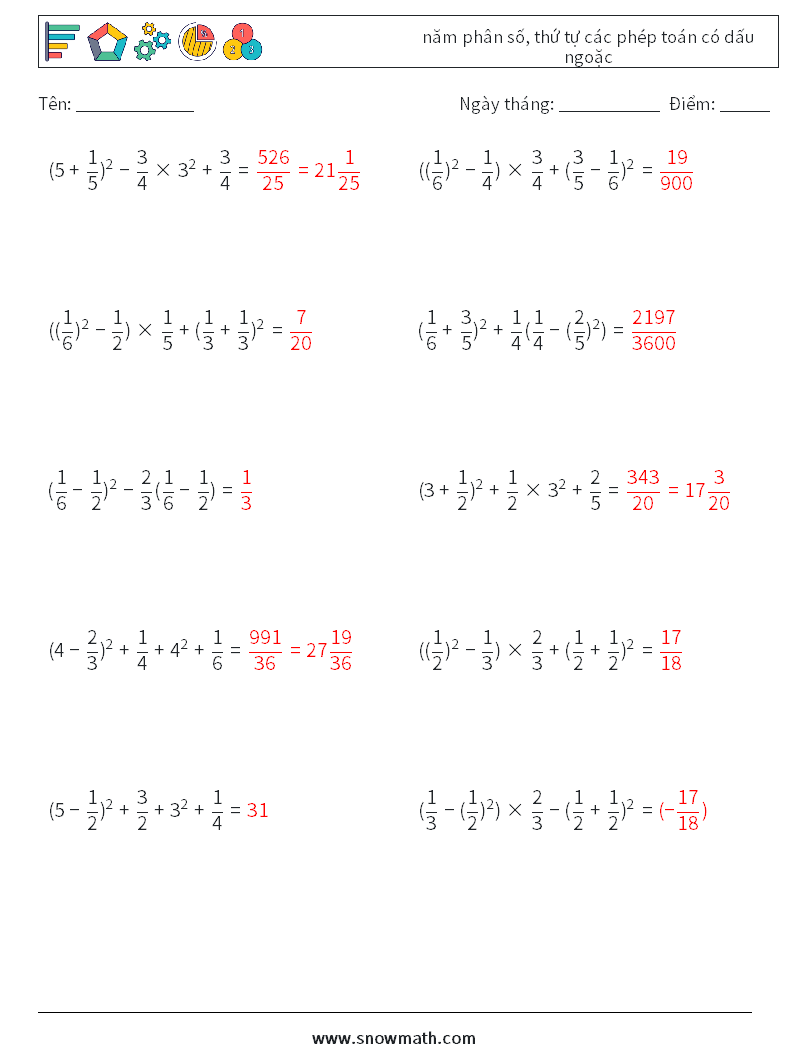 (10) năm phân số, thứ tự các phép toán có dấu ngoặc Bảng tính toán học 4 Câu hỏi, câu trả lời