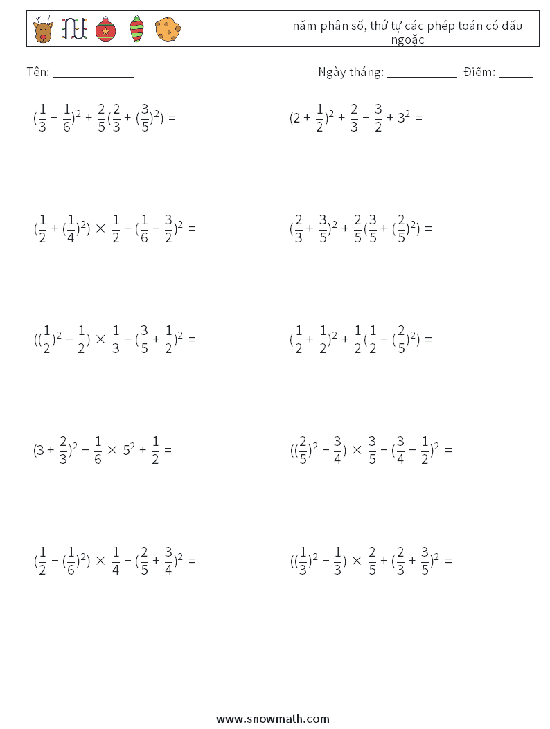 (10) năm phân số, thứ tự các phép toán có dấu ngoặc Bảng tính toán học 5
