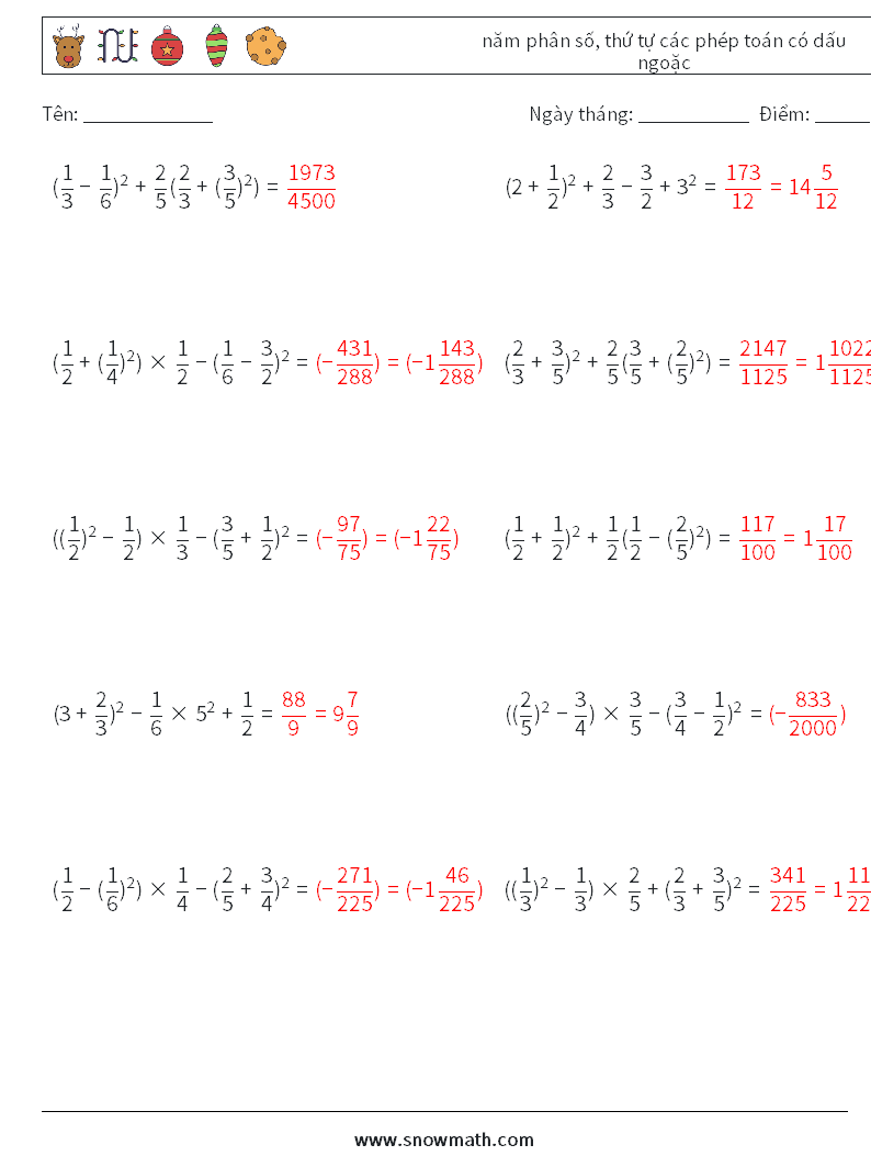 (10) năm phân số, thứ tự các phép toán có dấu ngoặc Bảng tính toán học 5 Câu hỏi, câu trả lời