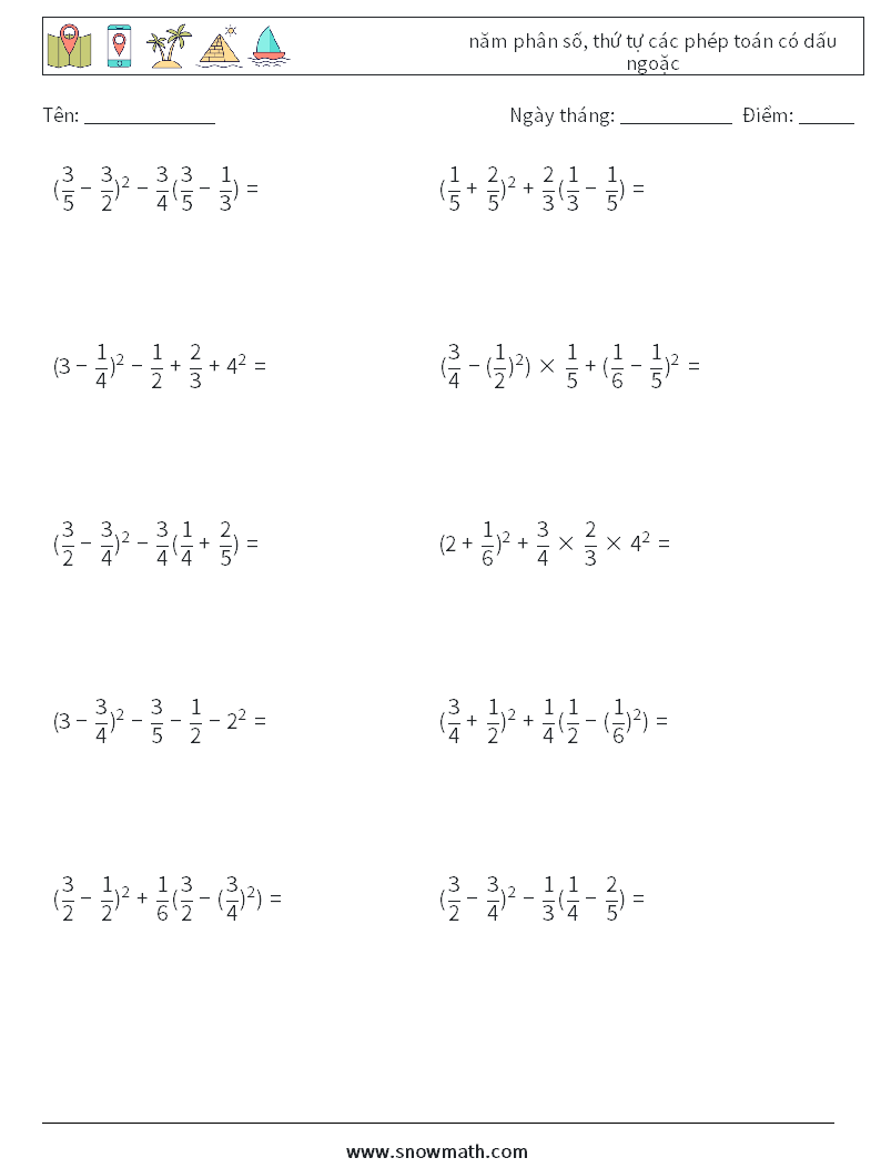(10) năm phân số, thứ tự các phép toán có dấu ngoặc Bảng tính toán học 6