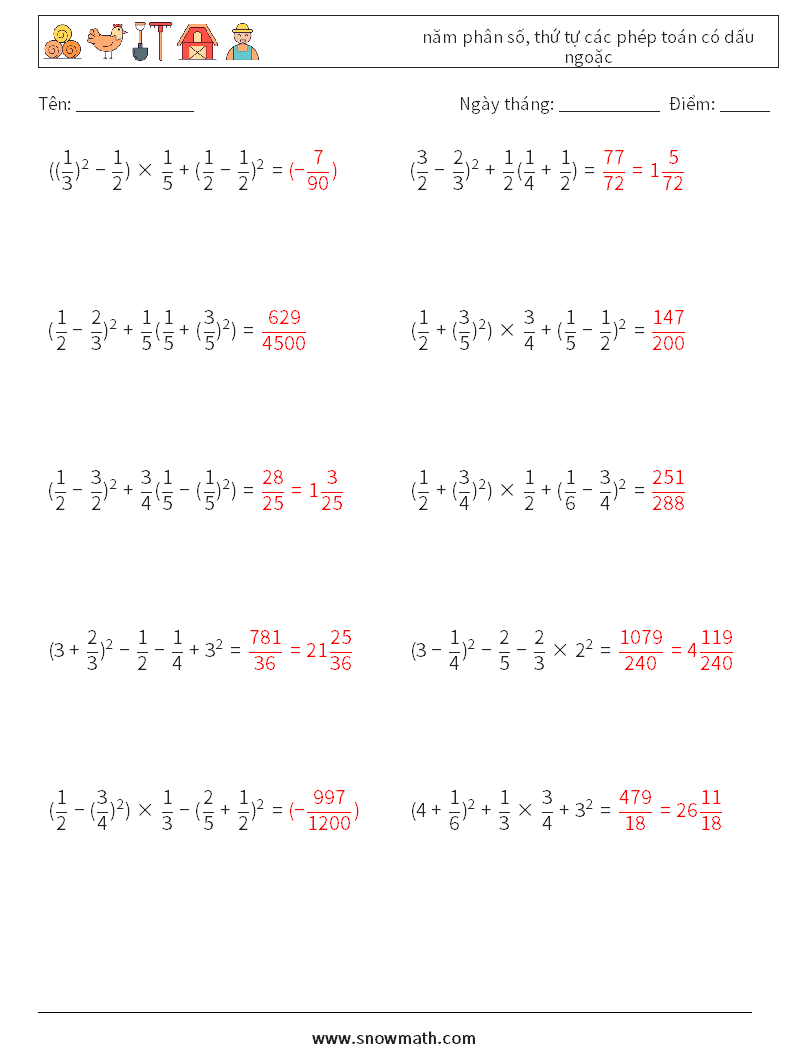 (10) năm phân số, thứ tự các phép toán có dấu ngoặc Bảng tính toán học 8 Câu hỏi, câu trả lời