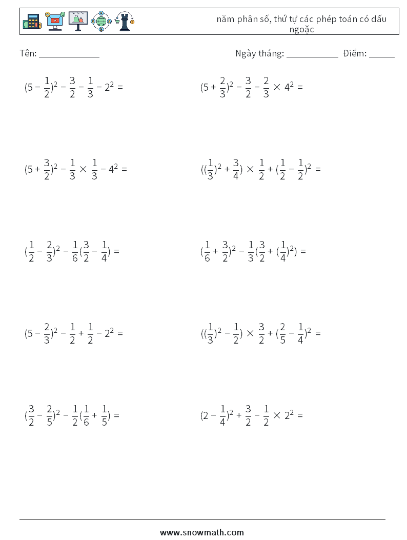 (10) năm phân số, thứ tự các phép toán có dấu ngoặc Bảng tính toán học 9
