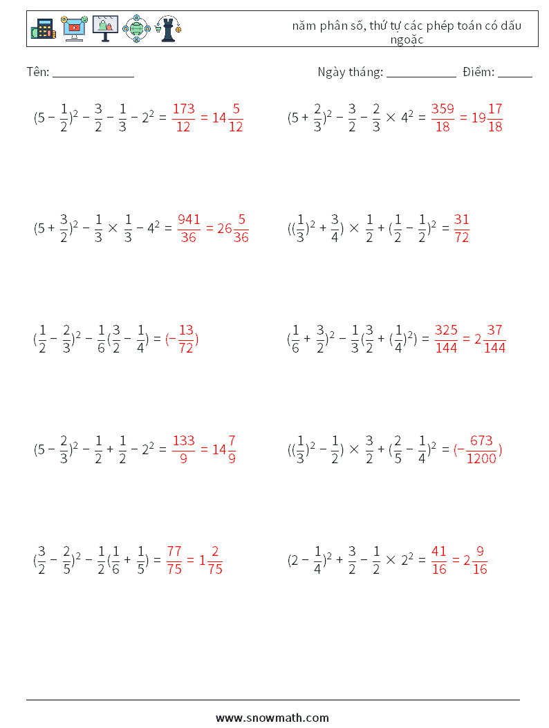 (10) năm phân số, thứ tự các phép toán có dấu ngoặc Bảng tính toán học 9 Câu hỏi, câu trả lời