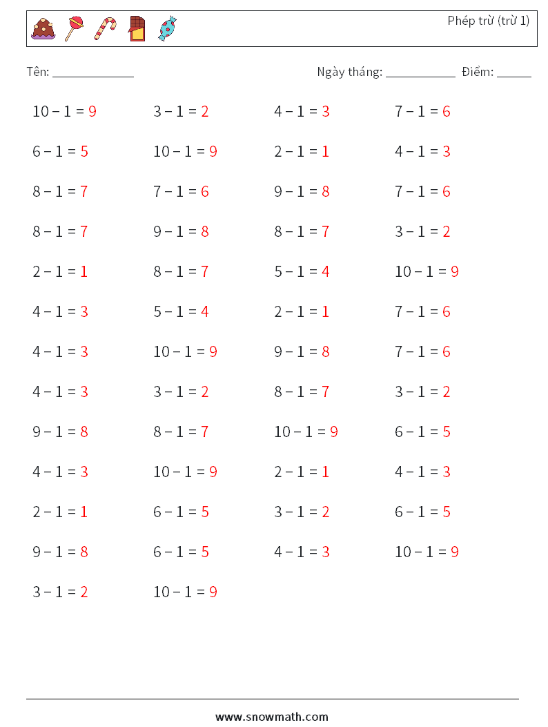 (50) phép trừ (trừ 1) Bảng tính toán học 1Math Worksheets, Math ...