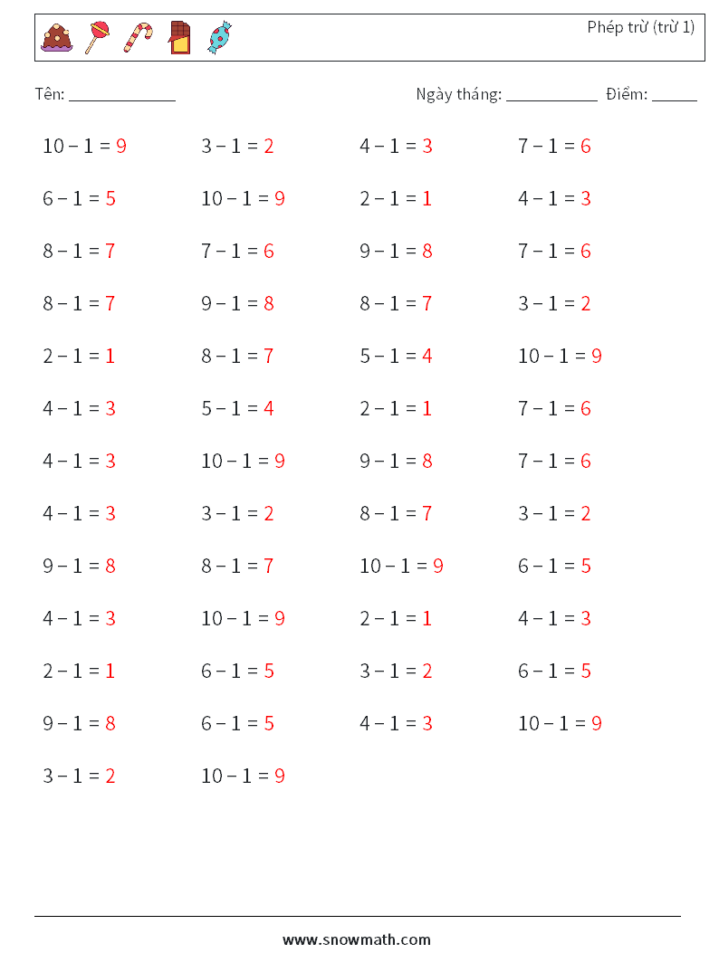 (50) Phép trừ (trừ 1) Bảng tính toán học 1 Câu hỏi, câu trả lời