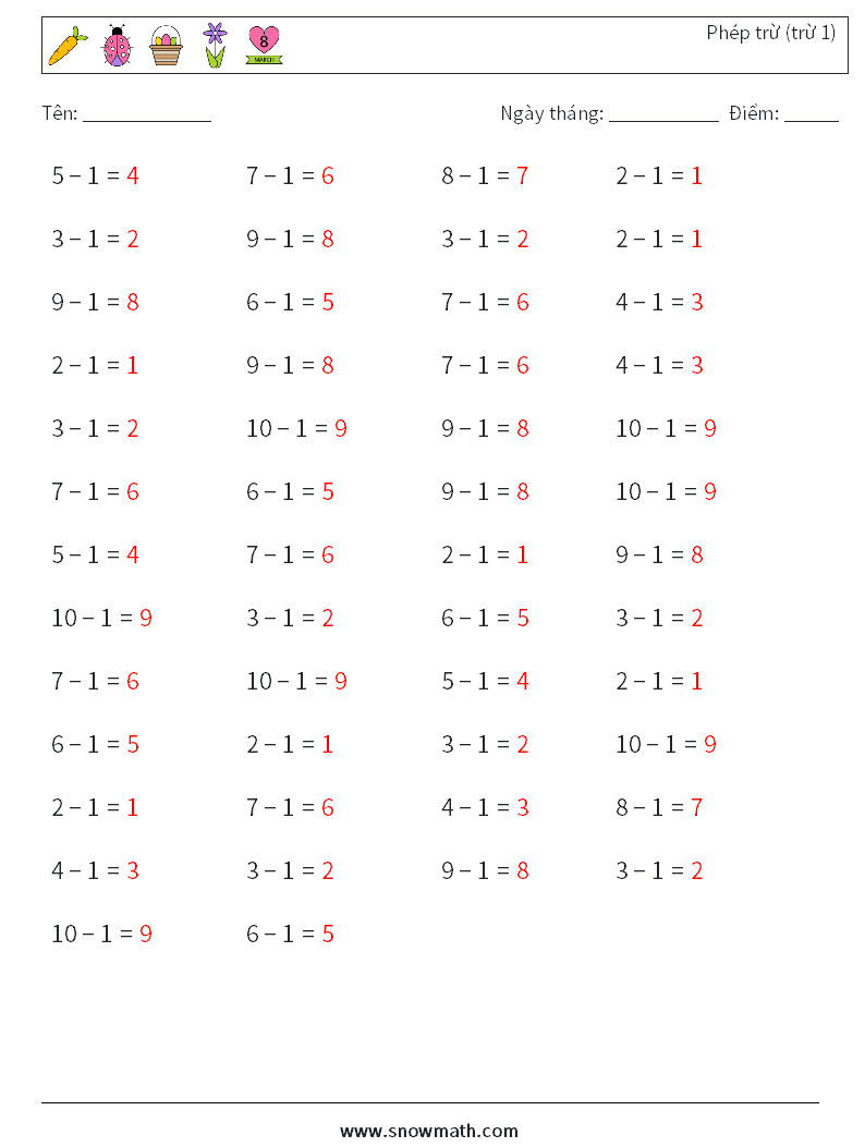 (50) Phép trừ (trừ 1) Bảng tính toán học 2 Câu hỏi, câu trả lời