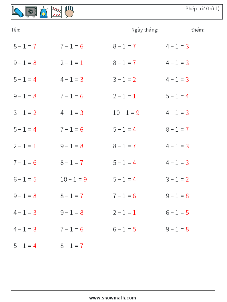 (50) Phép trừ (trừ 1) Bảng tính toán học 3 Câu hỏi, câu trả lời
