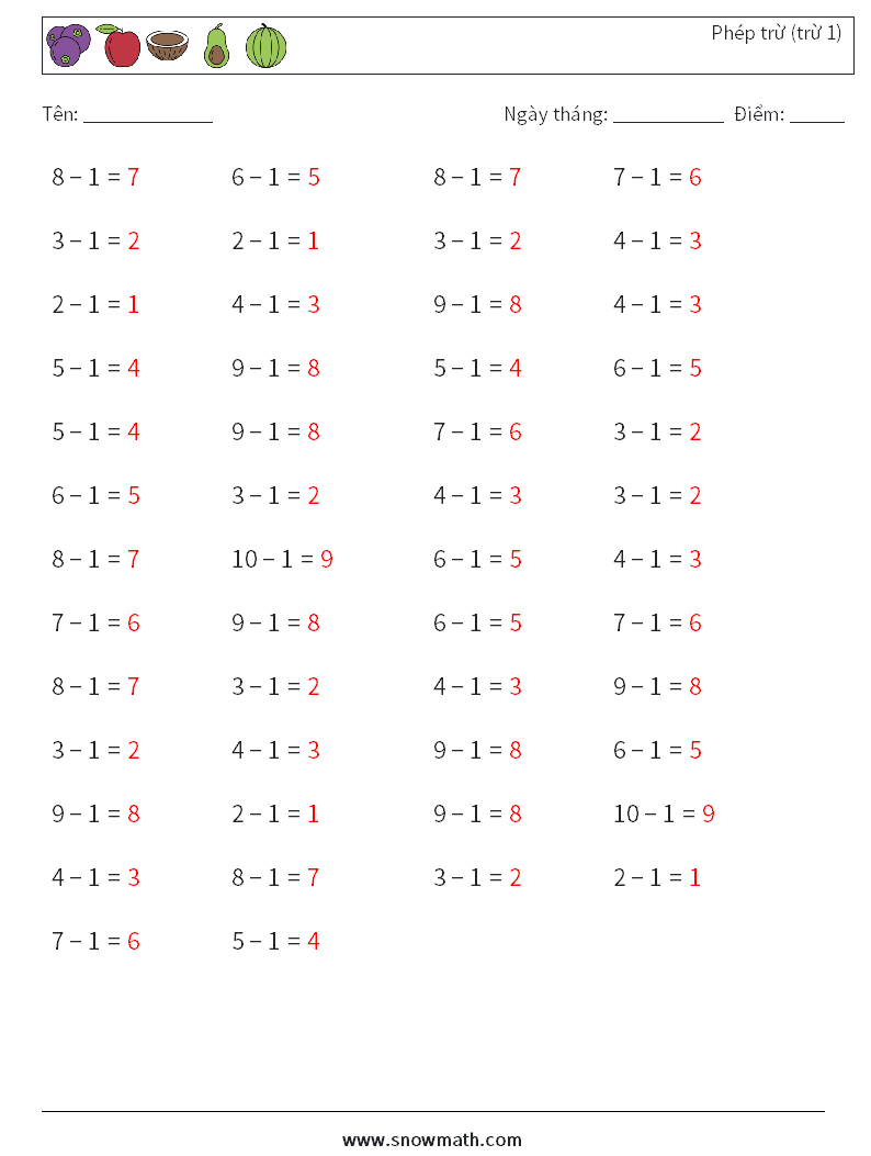 (50) Phép trừ (trừ 1) Bảng tính toán học 4 Câu hỏi, câu trả lời