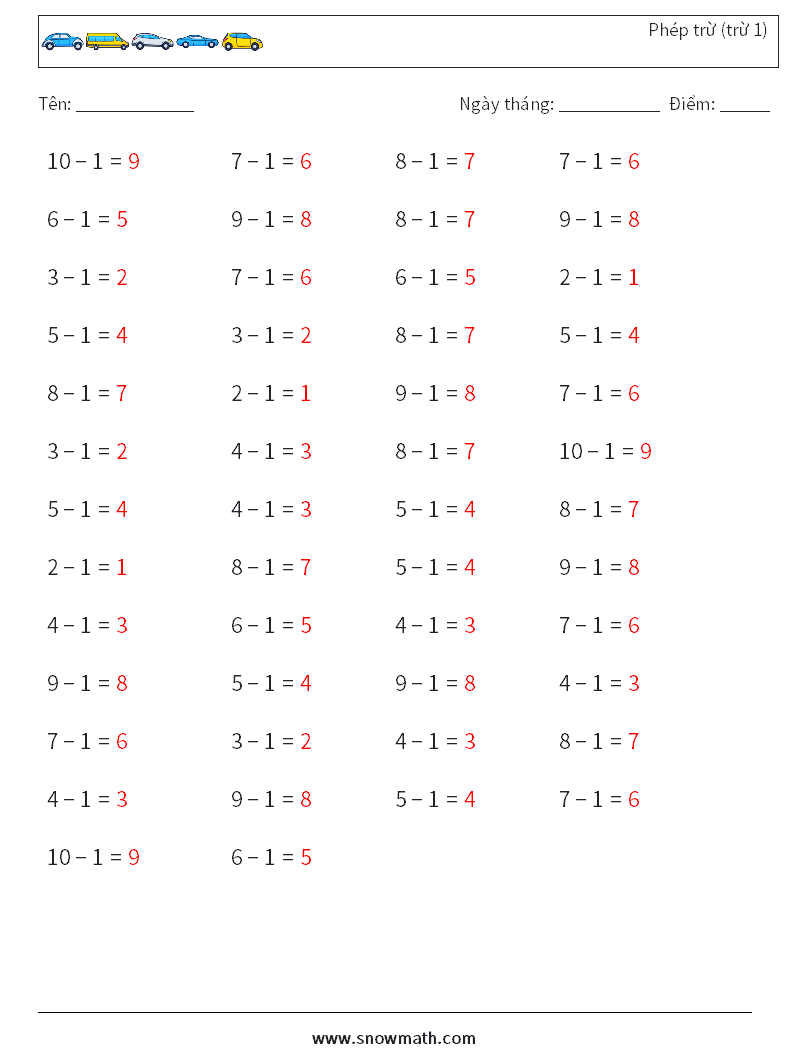(50) Phép trừ (trừ 1) Bảng tính toán học 5 Câu hỏi, câu trả lời