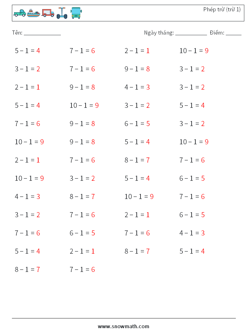 (50) Phép trừ (trừ 1) Bảng tính toán học 6 Câu hỏi, câu trả lời