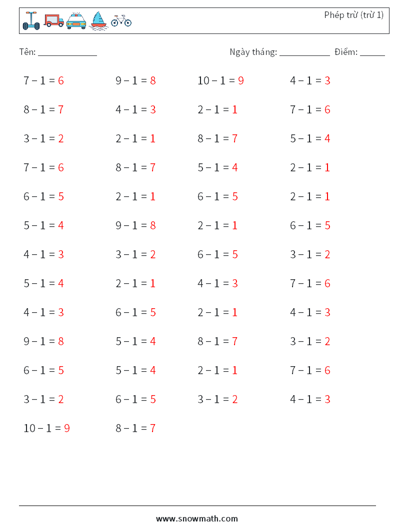 (50) Phép trừ (trừ 1) Bảng tính toán học 7 Câu hỏi, câu trả lời