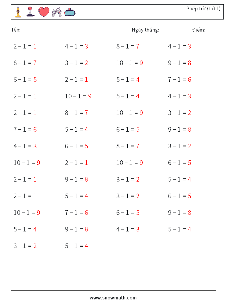 (50) Phép trừ (trừ 1) Bảng tính toán học 8 Câu hỏi, câu trả lời