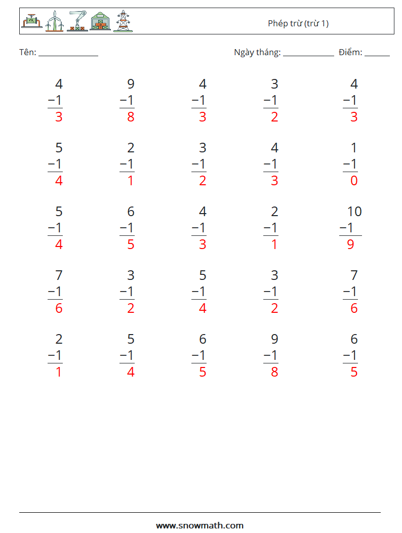 (25) Phép trừ (trừ 1) Bảng tính toán học 1 Câu hỏi, câu trả lời
