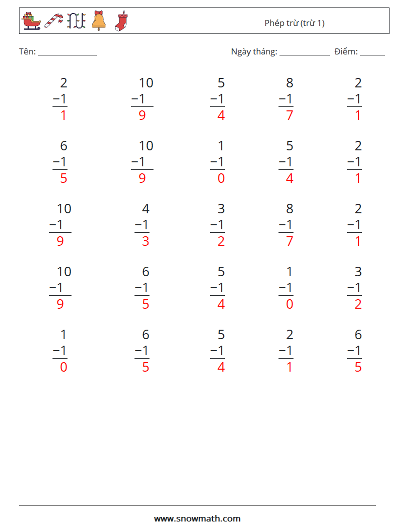(25) Phép trừ (trừ 1) Bảng tính toán học 2 Câu hỏi, câu trả lời