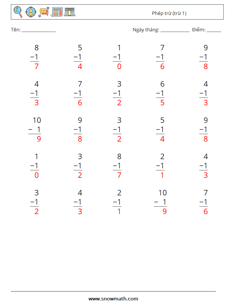(25) Phép trừ (trừ 1) Bảng tính toán học 3 Câu hỏi, câu trả lời