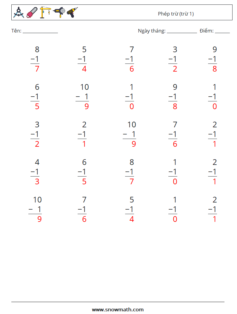 (25) Phép trừ (trừ 1) Bảng tính toán học 4 Câu hỏi, câu trả lời