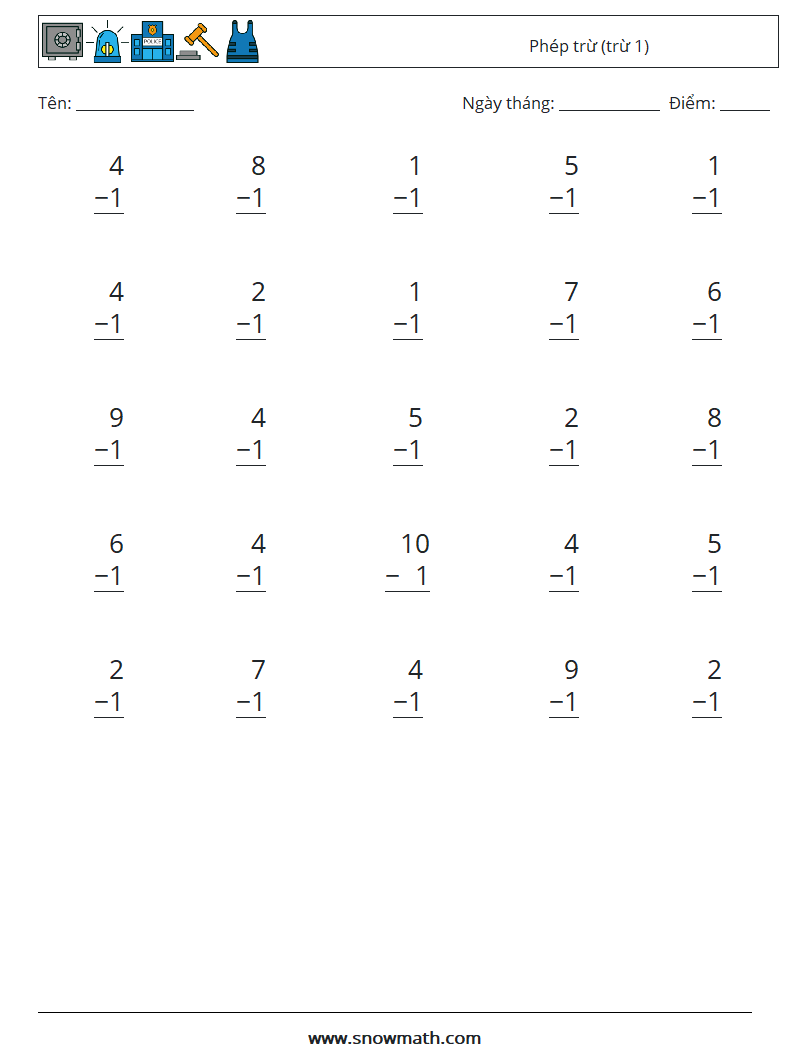 (25) Phép trừ (trừ 1) Bảng tính toán học 5