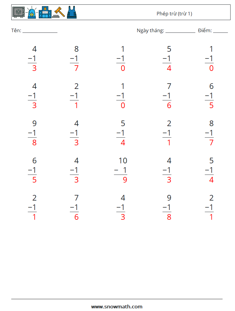 (25) Phép trừ (trừ 1) Bảng tính toán học 5 Câu hỏi, câu trả lời